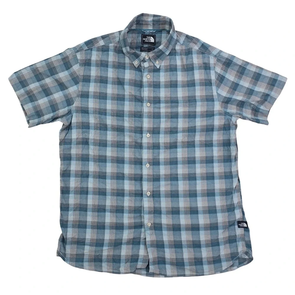 The North Face Plaid Button Down Shirt Mens XL Blue Gray Short Sleeve Outdoor